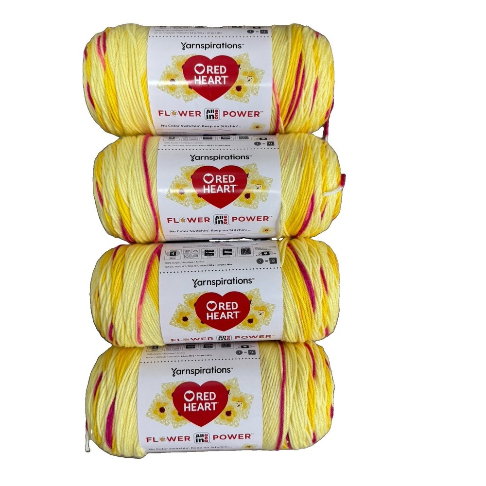Red Heart All in One Flower Power Yarn - Lot Of 4 Dilly Daylily Yellow, Hot Pink